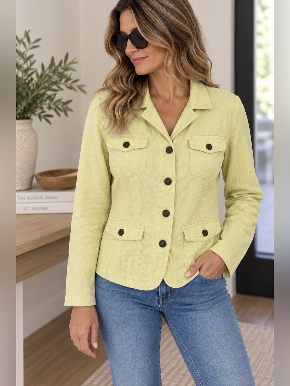 J.Jill Yellow Linen Button Front Jacket Size Large Lightweight